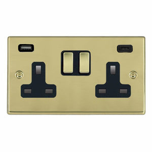 Hamilton 71SS2USBCPB-B Hartland Polished Brass 2 gang 13A Double Pole Switched Socket with 1 USB + 1 USB Type C Outlet 2x2.4A Polished Brass/Black Insert