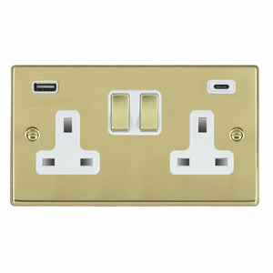 Hamilton 71SS2USBCPB-W Hartland Polished Brass 2 gang 13A Double Pole Switched Socket with 1 USB + 1 USB Type C Outlet 2x2.4A Polished Brass/White Insert