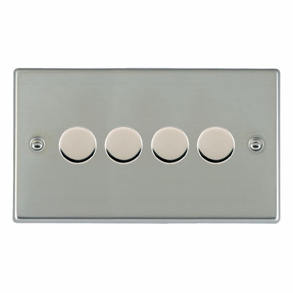 Hamilton 734X40 Hartland Bright Steel 4x400W Resistive Leading Edge Push On-Off Rotary 2 Way Switching Dimmers max 300W per gang Bright Steel Insert