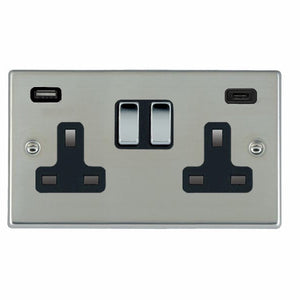 Hamilton 73SS2USBCBC-B Hartland Bright Steel 2 gang 13A Double Pole Switched Socket with 1 USB + 1 USB Type C Outlet 2x2.4A Bright Chrome/Black Insert