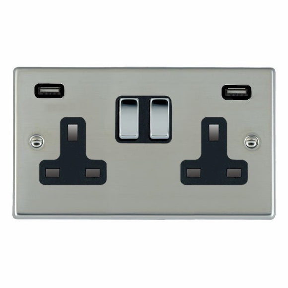 Hamilton 73SS2USBULTBC-B Hartland Bright Steel 2 gang 13A Double Pole Switched Socket with 2 USB Ultra Outlets 2x2.4A Bright Chrome/Black Insert