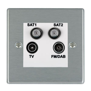 Hamilton 74DENTW Hartland Satin Steel Non-Isolated TV+FM+SAT1+SAT2 Quadplexer 2in/4out (DAB Compatible) White Insert