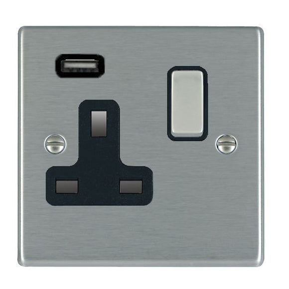 Hamilton 74SS1USBSS-B Hartland Satin Steel 1 gang 13A Single Pole Switched Socket with 1 USB Outlets 1x2.1A Satin Steel/Black Insert