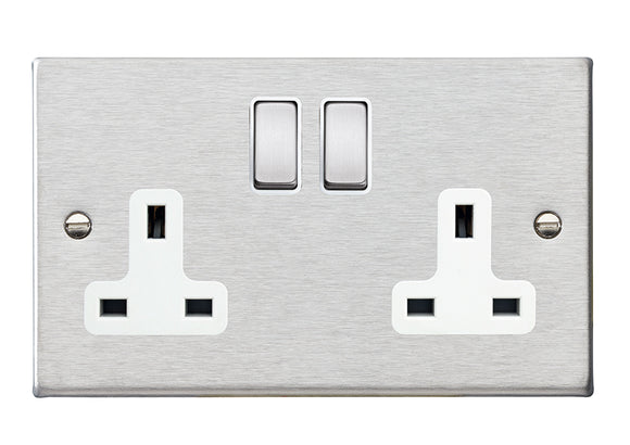 Hamilton 74SS2SS-W Hartland Satin Steel 2 gang 13A Double Pole Switched Socket Satin Steel/White Insert