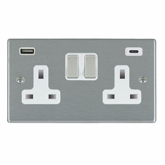 Hamilton 74SS2USBCSS-W Hartland Satin Steel 2 gang 13A Double Pole Switched Socket with 1 USB + 1 USB Type C Outlet 2x2.4A Satin Steel/White Insert