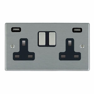 Hamilton 74SS2USBULTSS-B Hartland Satin Steel 2 gang 13A Double Pole Switched Socket with 2 USB Ultra Outlets 2x2.4A Satin Steel/Black Insert
