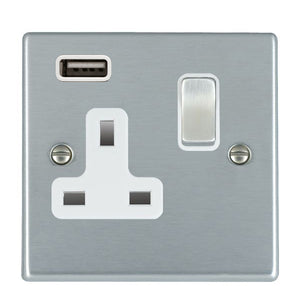Hamilton 76SS1USBSC-W Hartland Satin Chrome 1 gang 13A Single Pole Switched Socket with 1 USB Outlets 1x2.1A Satin Chrome/White Insert
