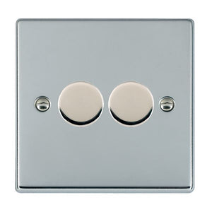 Hamilton 772X40 Hartland Bright Chrome 2x400W Resistive Leading Edge Push On-Off Rotary 2 Way Switching Dimmers max 300W per gang Bright Chrome Insert
