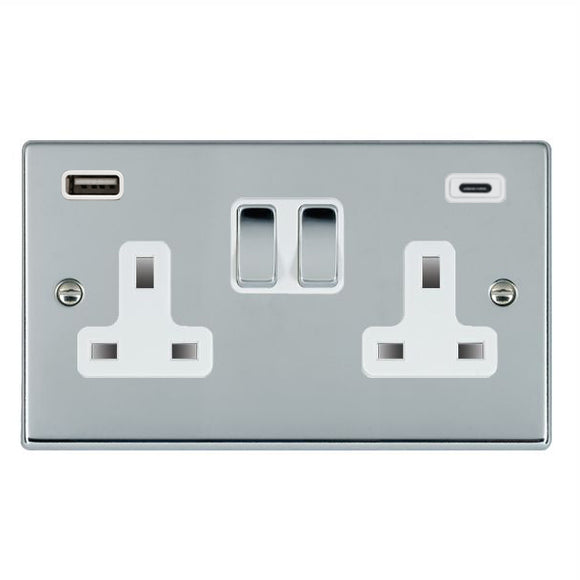 Hamilton 77SS2USBCBC-W Hartland Bright Chrome 2 gang 13A Double Pole Switched Socket with 1 USB + 1 USB Type C Outlet 2x2.4A Bright Chrome/White Insert