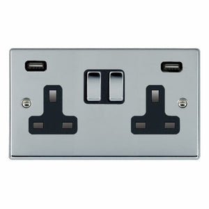 Hamilton 77SS2USBULTBC-B Hartland Bright Chrome 2 gang 13A Double Pole Switched Socket with 2 USB Ultra Outlets 2x2.4A Bright Chrome/Black Insert