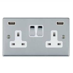 Hamilton 77SS2USBULTBC-W Hartland Bright Chrome 2 gang 13A Double Pole Switched Socket with 2 USB Ultra Outlets 2x2.4A Bright Chrome/White Insert