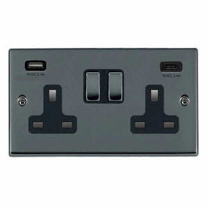 Hamilton 78SS2USBCBK-B Hartland Black Nickel 2 gang 13A Double Pole Switched Socket with 1 USB + 1 USB Type C Outlet 2x2.4A Black Nickel/Black Insert