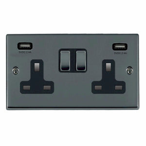 Hamilton 78SS2USBULTBK-B Hartland Black Nickel 2 gang 13A Double Pole Switched Socket with 2 USB Ultra Outlets 2x2.4A Black Nickel/Black Insert