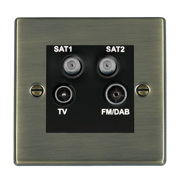 Hamilton 79DENTB Hartland Antique Brass Non-Isolated TV+FM+SAT1+SAT2 Quadplexer 2in/4out (DAB Compatible) Black Insert