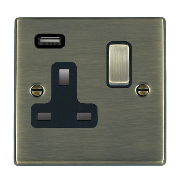 Hamilton 79SS1USBAB-B Hartland Antique Brass 1 gang 13A Single Pole Switched Socket with 1 USB Outlets 1x2.1A Antique Brass/Black Insert