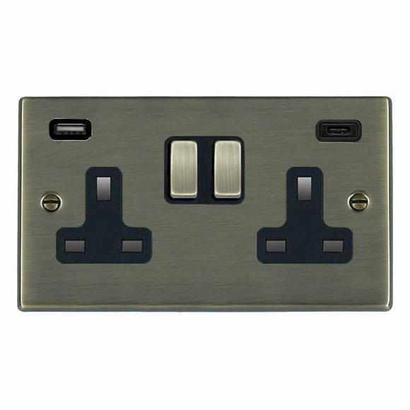 Hamilton 79SS2USBCAB-B Hartland Antique Brass 2 gang 13A Double Pole Switched Socket with 1 USB + 1 USB Type C Outlet 2x2.4A Antique Brass/Black Insert