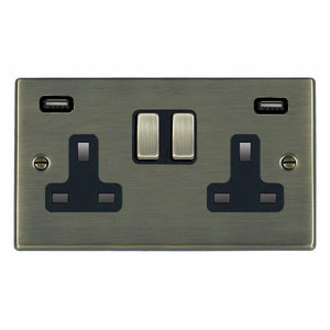 Hamilton 79SS2USBULTAB-B Hartland Antique Brass 2 gang 13A Double Pole Switched Socket with 2 USB Ultra Outlets 2x2.4A Antique Brass/Black Insert