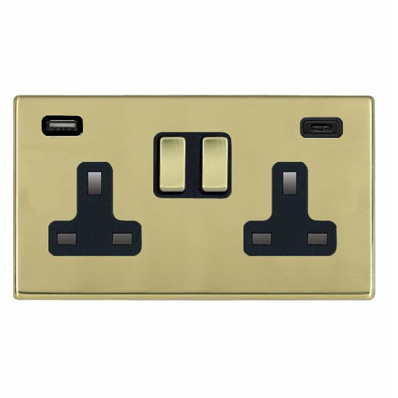 Hamilton 7G21SS2USBCPB-B Hartland G2 Polished Brass 2 gang 13A Double Pole Switched Socket with 1 USB + 1 USB Type C Outlet 2x2.4A Polished Brass/Black Insert