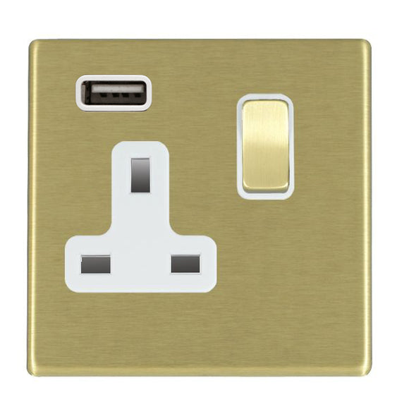 Hamilton 7G22SS1USBSB-W Hartland G2 Satin Brass 1 gang 13A Single Pole Switched Socket with 1 USB Outlets 1x2.1A Satin Brass/White Insert
