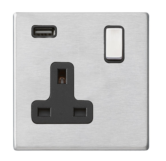Hamilton 7G24SS1USBSS-B Hartland G2 Satin Steel 1 gang 13A Single Pole Switched Socket with 1 USB Outlets 1x2.1A Satin Steel/Black Insert