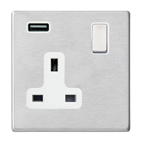 Hamilton 7G24SS1USBSS-W Hartland G2 Satin Steel 1 gang 13A Single Pole Switched Socket with 1 USB Outlets 1x2.1A Satin Steel/White Insert