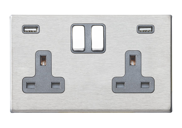 Hamilton 7G24SS2USBULTSS-QG Hartland G2 Satin Steel 2 gang 13A Double Pole Switched Socket with 2 USB Ultra Outlets 2x2.4A Satin Steel/Quartz Grey Insert