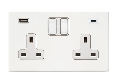 Hamilton 7G2MWSS2USBCWH-W Hartland G2 Matt White 2 gang 13A Double Pole Switched Socket with 1 USB + 1 USB Type C Outlet 2x2.4A White/White Insert