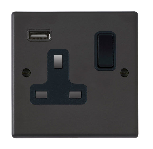 Hamilton 7MBSS1USBBL-B Hartland Matt Black 1 gang 13A Single Pole Switched Socket with 1 USB Outlets 1x2.1A Black/Black - NOT Suitable for Over Painting Insert