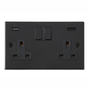Hamilton 7MBSS2USBCBL-B Hartland Matt Black 2 gang 13A Double Pole Switched Socket with 1 USB + 1 USB Type C Outlet 2x2.4A Black/Black - NOT Suitable for Over Painting Insert