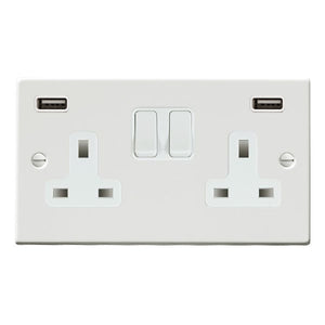 Hamilton 7MWSS2USBULTWH-W Hartland Matt White 2 gang 13A Double Pole Switched Socket with 2 USB Ultra Outlets 2x2.4A White/White - NOT Suitable for Over Painting Insert