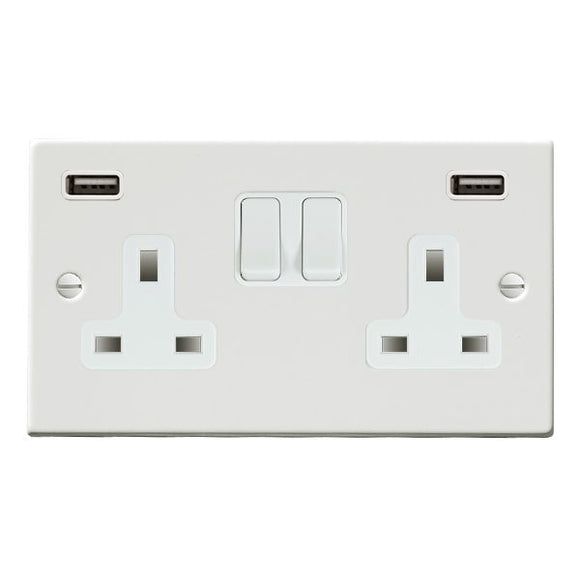 Hamilton 7MWSS2USBULTWH-W Hartland Matt White 2 gang 13A Double Pole Switched Socket with 2 USB Ultra Outlets 2x2.4A White/White - NOT Suitable for Over Painting Insert
