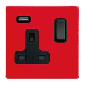 Hamilton 7RCSS1USBBL-B Hartland CFX Colours Pillar Box Red 1 gang 13A Single Pole Switched Socket with 1 USB Outlets 1x2.1A Black/Black Insert