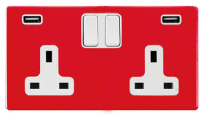 Hamilton 7RCSS2USBULTWH-W Hartland CFX Colours Pillar Box Red 2 gang 13A Double Pole Switched Socket with 2 USB Ultra Outlets 2x2.4A White/White Insert