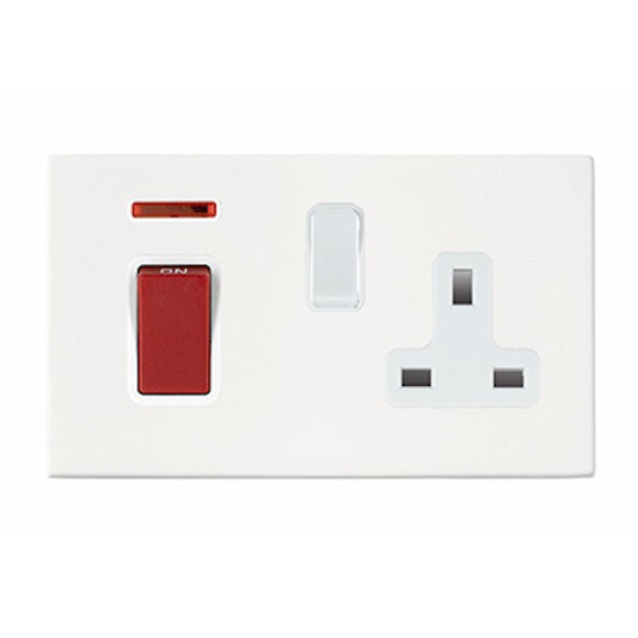 Hamilton 7WC45SS1WH-W Hartland CFX Colours Bright White 45A Double Pole Rocker + Neon + 13A Switched Socket Red+White/White Insert