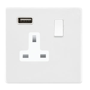 Hamilton 7WCSS1USBWH-W Hartland CFX Colours Bright White 1 gang 13A Single Pole Switched Socket with 1 USB Outlets 1x2.1A White/White Insert
