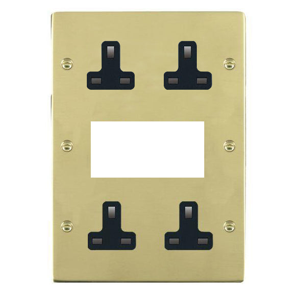 Hamilton 81MED2B Sheer EuroFix Polished Brass Media Plate EURO4 aperture + 4 X13A Unswitched Socket Black Insert