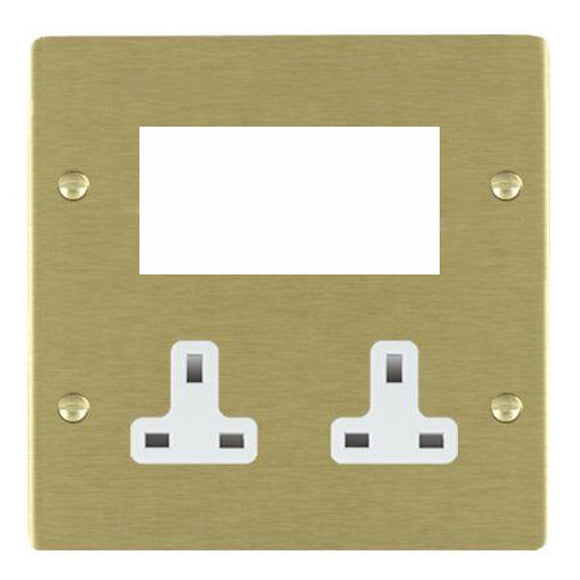 Hamilton 82MED1W Sheer EuroFix Satin Brass Media Plate EURO4 aperture + 2 X13A Unswitched Socket White Insert