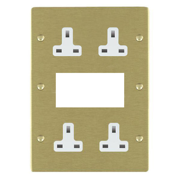 Hamilton 82MED2W Sheer EuroFix Satin Brass Media Plate EURO4 aperture + 4 X13A Unswitched Socket White Insert