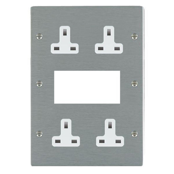 Hamilton 84MED2W Sheer EuroFix Satin Steel Media Plate EURO4 aperture + 4 X13A Unswitched Socket White Insert