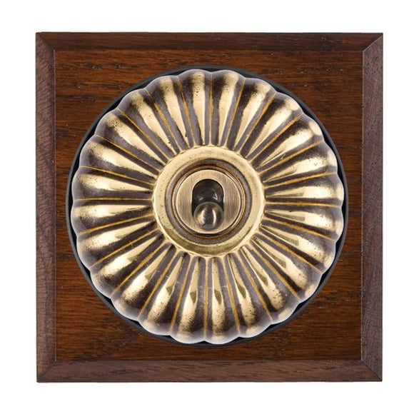 Hamilton BCAFT21AB-B Bloomsbury Chamfered Antique Mahogany 1 gang 20AX 2 Way Toggle Antique Brass Fluted Dome/Black Collar Insert