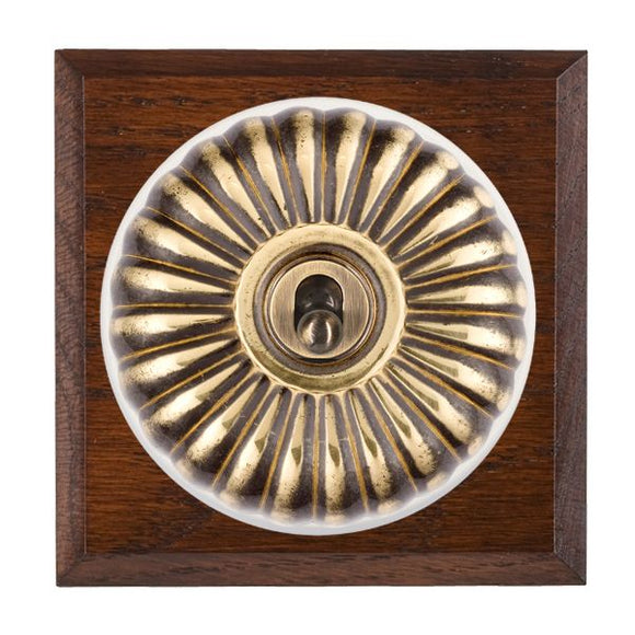 Hamilton BCAFT21AB-W Bloomsbury Chamfered Antique Mahogany 1 gang 20AX 2 Way Toggle Antique Brass Fluted Dome/White Collar Insert