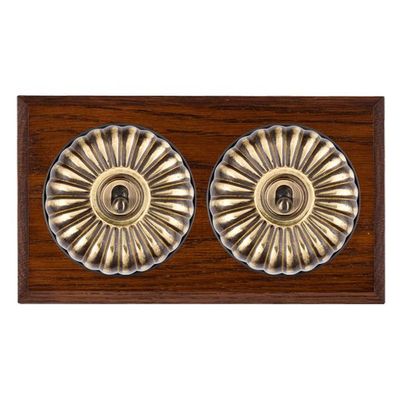 Hamilton BCAFT22AB-B Bloomsbury Chamfered Antique Mahogany 2 gang 20AX 2 Way Toggle Antique Brass Fluted Dome/Black Collar Insert