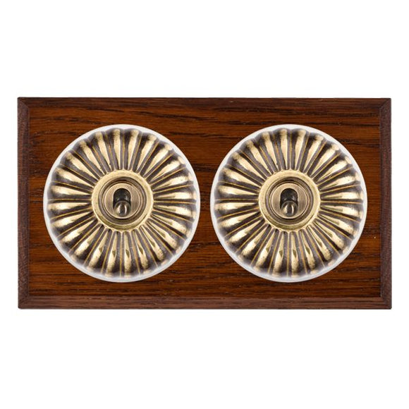 Hamilton BCAFT22AB-W Bloomsbury Chamfered Antique Mahogany 2 gang 20AX 2 Way Toggle Antique Brass Fluted Dome/White Collar Insert