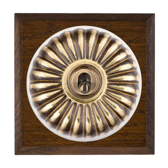 Hamilton BCDFT21AB-W Bloomsbury Chamfered Dark Oak 1 gang 20AX 2 Way Toggle Antique Brass Fluted Dome/White Collar Insert