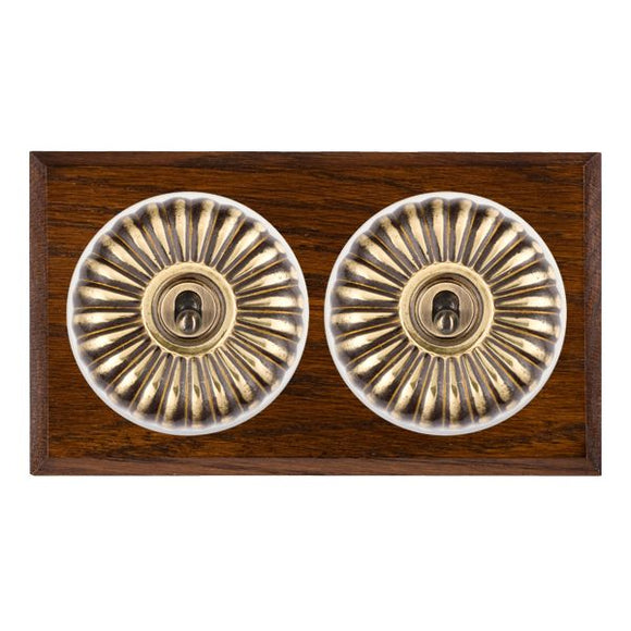 Hamilton BCDFT22AB-W Bloomsbury Chamfered Dark Oak 2 gang 20AX 2 Way Toggle Antique Brass Fluted Dome/White Collar Insert