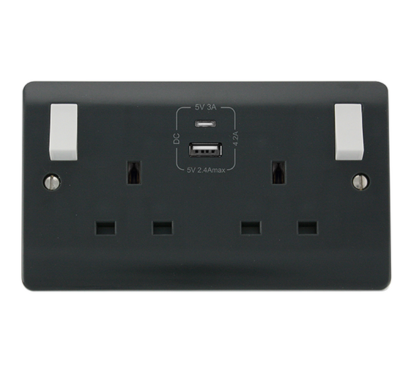 Click® Scolmore Mode Part M™ CMA786AG 13A 2 Gang Switched Safety Shutter Socket Outlet With Type A & C USB (4.2A) Outlets (Twin Earth) Anthracite Grey  Insert