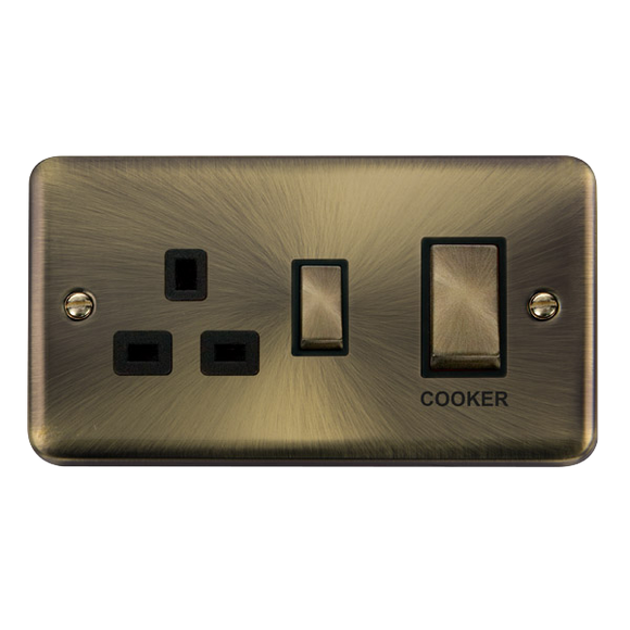 Click® Scolmore Deco Plus® DPAB504BK 45A Ingot 2 Gang DP Switch With 13A DP Switched Socket Antique Brass Black Insert