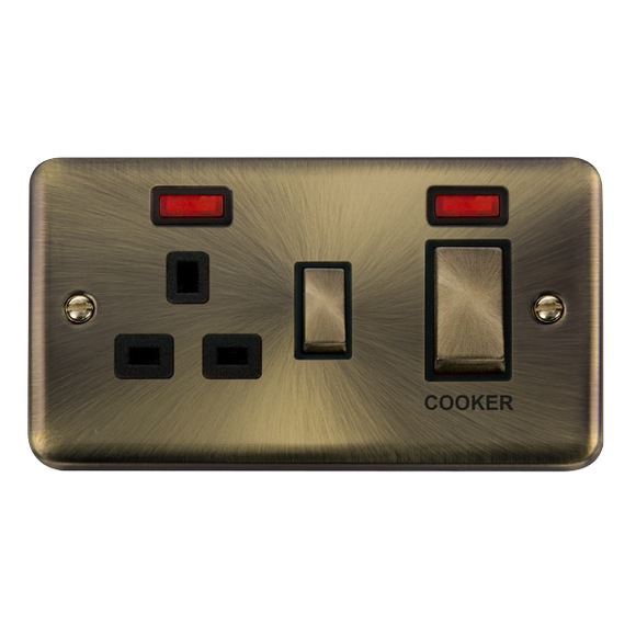 Click® Scolmore Deco Plus® DPAB505BK 45A Ingot 2 Gang DP Switch With 13A DP Switched Socket & Neons Antique Brass Black Insert