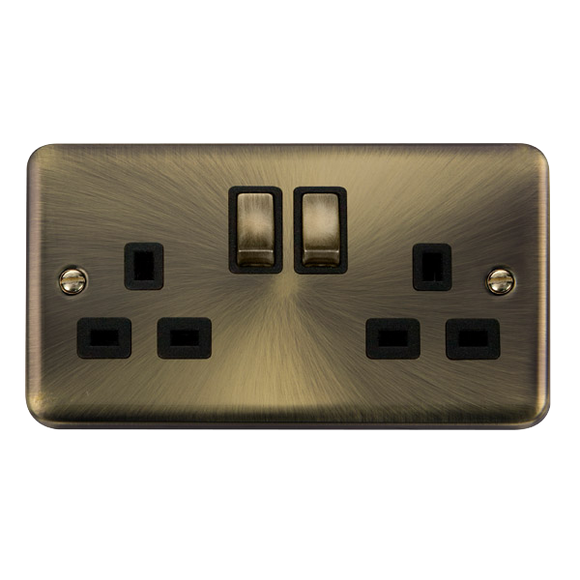 Click® Scolmore Deco Plus® DPAB536BK 13A Ingot 2 Gang DP Switched Socket (Twin Earth) Antique Brass Black Insert