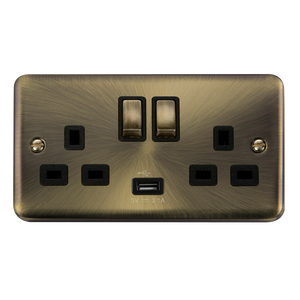 Click® Scolmore Deco Plus® DPAB570BK 13A Ingot 2 Gang Switched Socket With 2.1A USB Outlet (Twin Earth) Antique Brass Black Insert